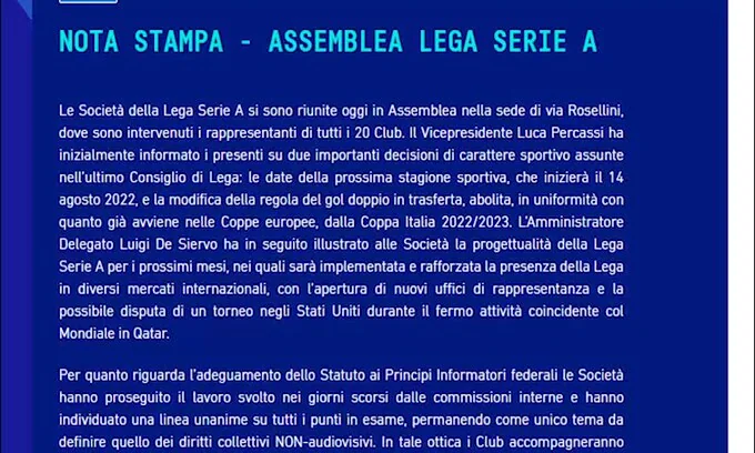 Serie A 2022-23, partenza fissata il 14 agosto